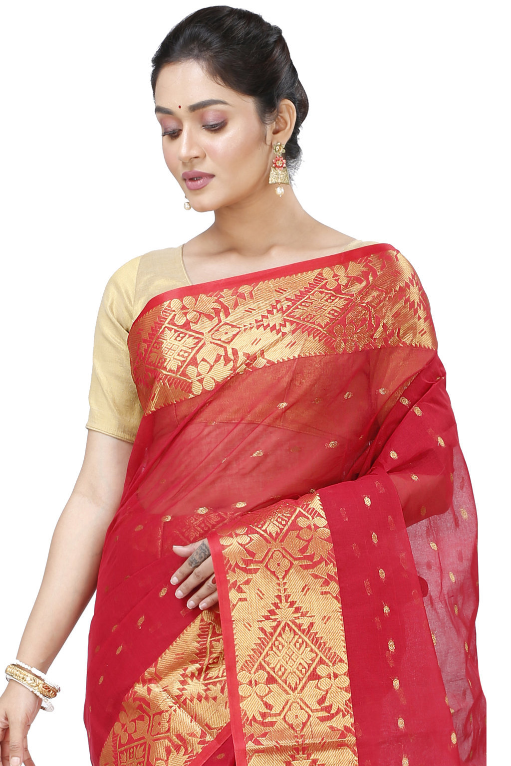 Red Pure Cotton Gopa Tant Saree (927)